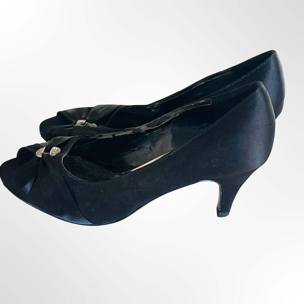 Easy Street Alive 5 Women's Black Satin Peep Toe Kitten Heels with Crystal Ornam - Picture 4 of 8